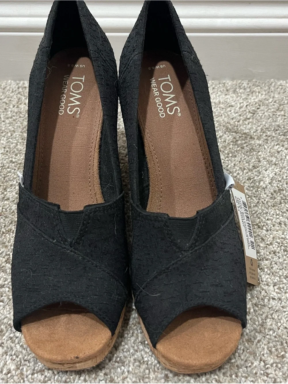 Toms Black Peep-Toe Wedge Sandals with Cork-Style Heel